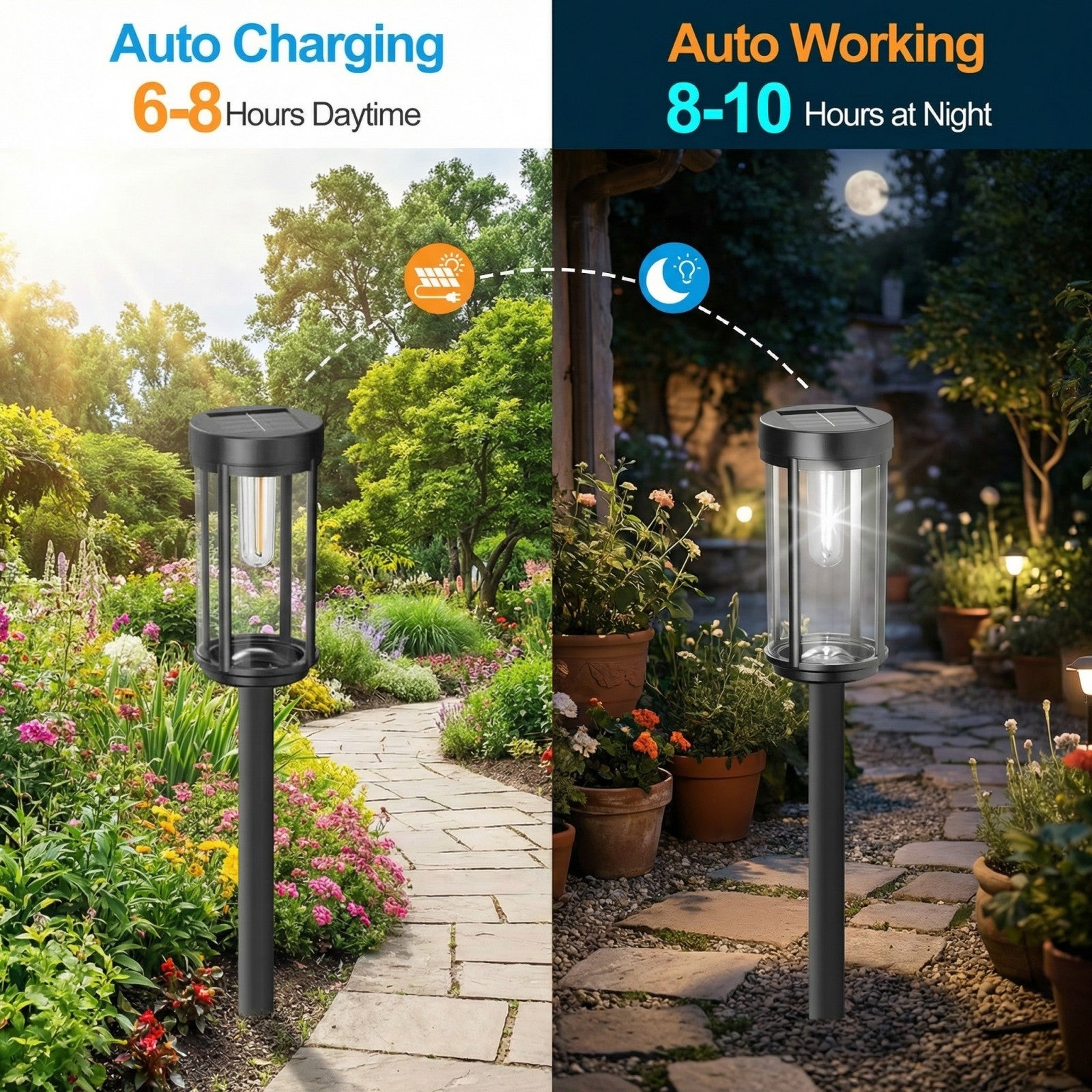 solar garden lights glowing along pathway at dusk