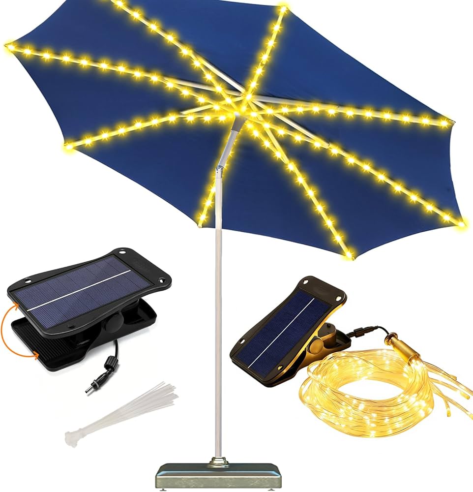 solar umbrella lights clipped under patio umbrella