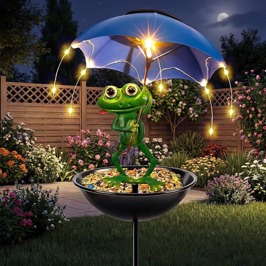 solar bird feeder with light in backyard garden