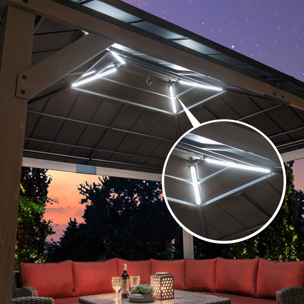 solar lights strung inside wooden gazebo