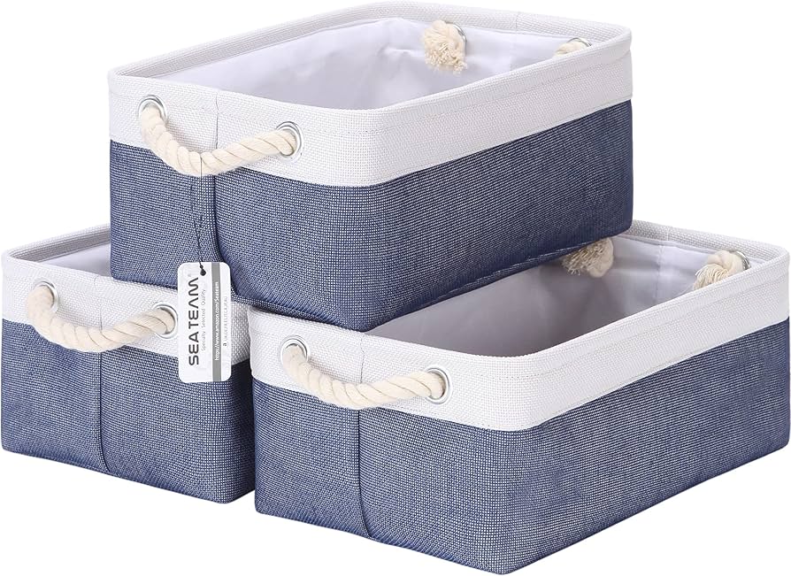 denim storage basket on shelf