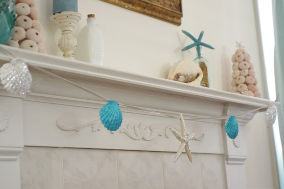 seashell garland on mantel
