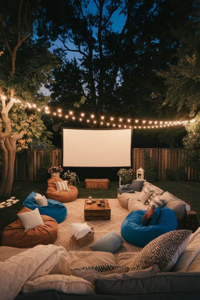 cozy backyard string lights patio seating
