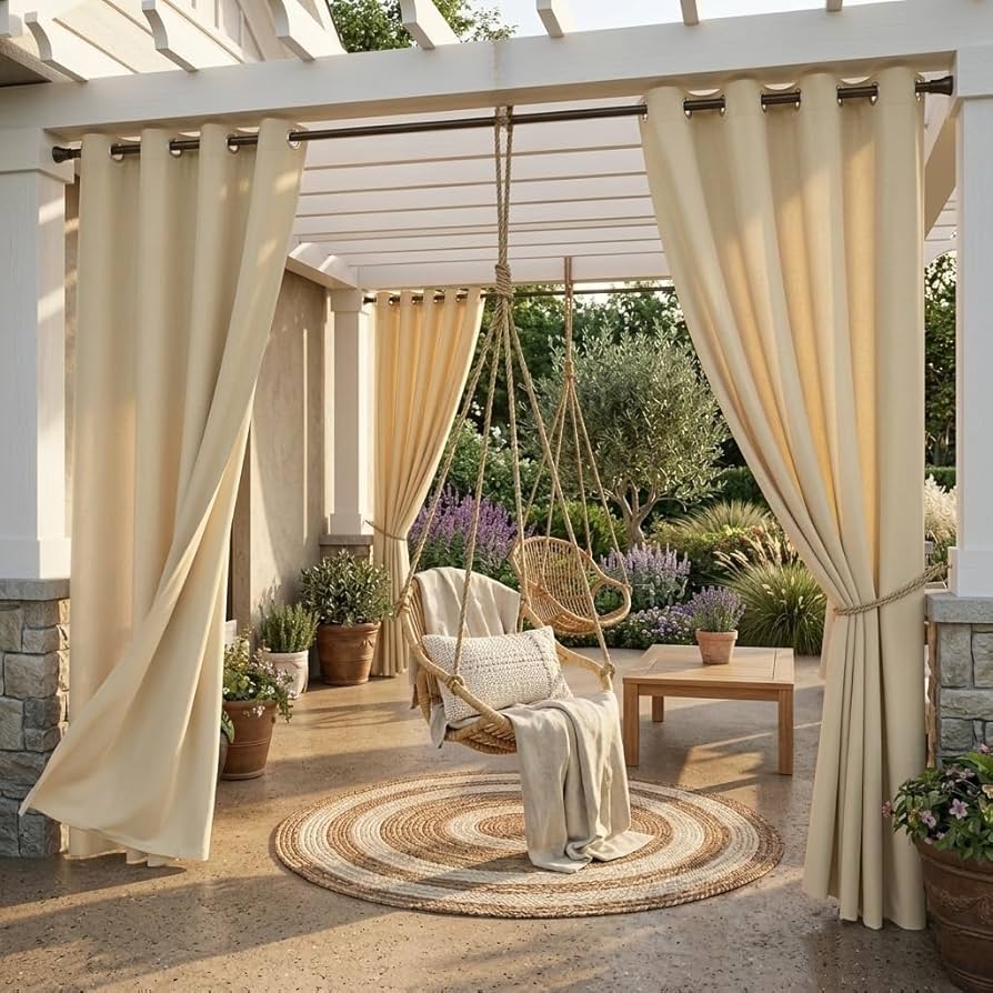 pergola curtain lights outdoor seating