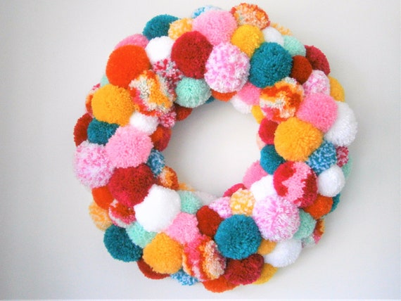 colorful yarn pom pom wreath