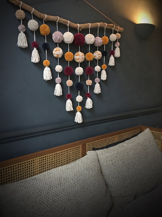 driftwood pom pom wall hanging