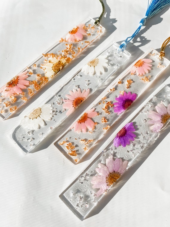pressed flower resin bookmark with gold flake