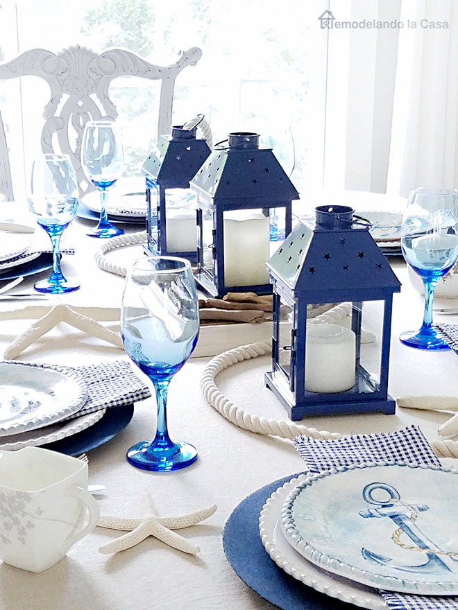 coastal blue white table setting
