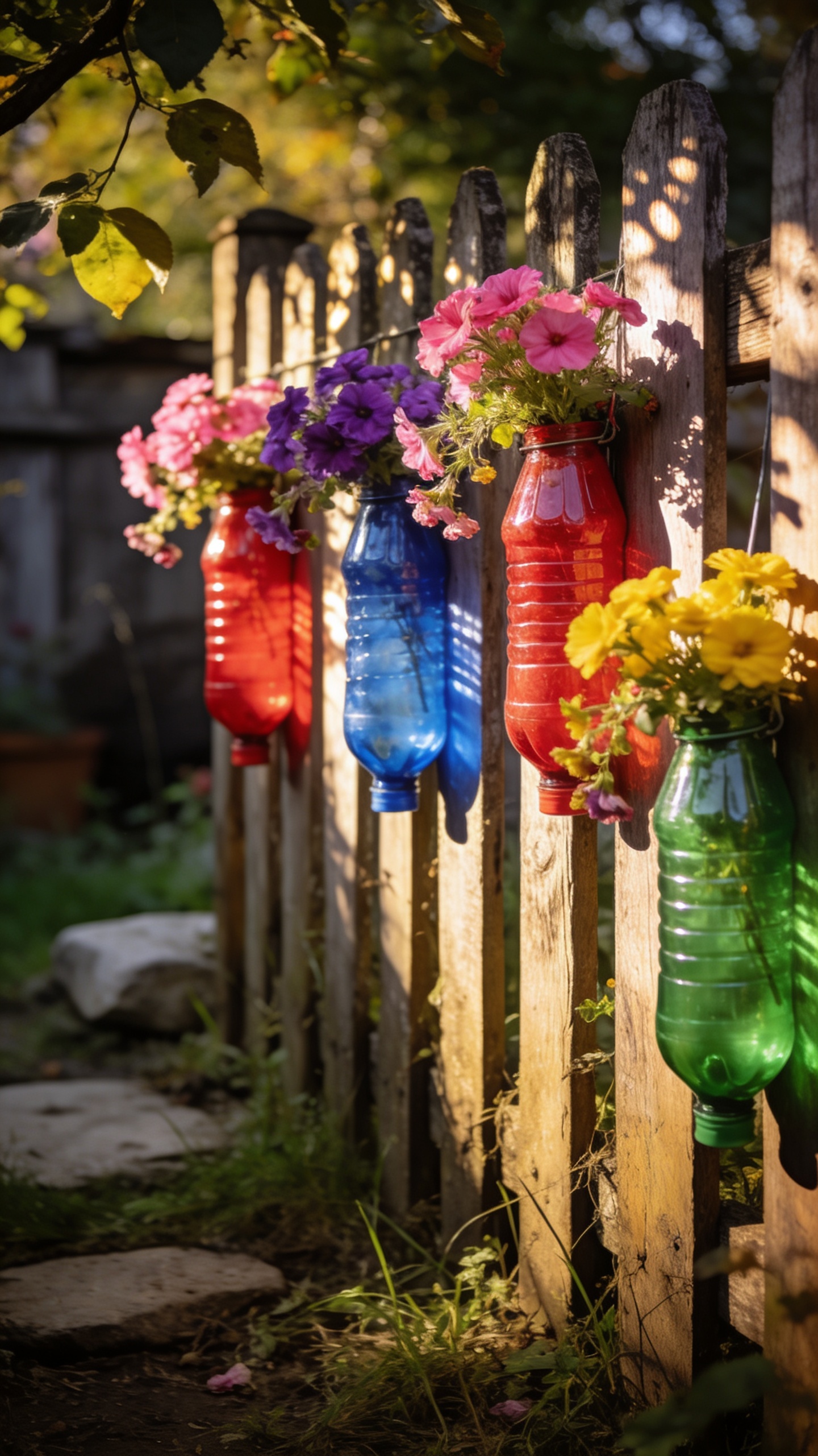 plastic bottle planter with colorful flowers in garden