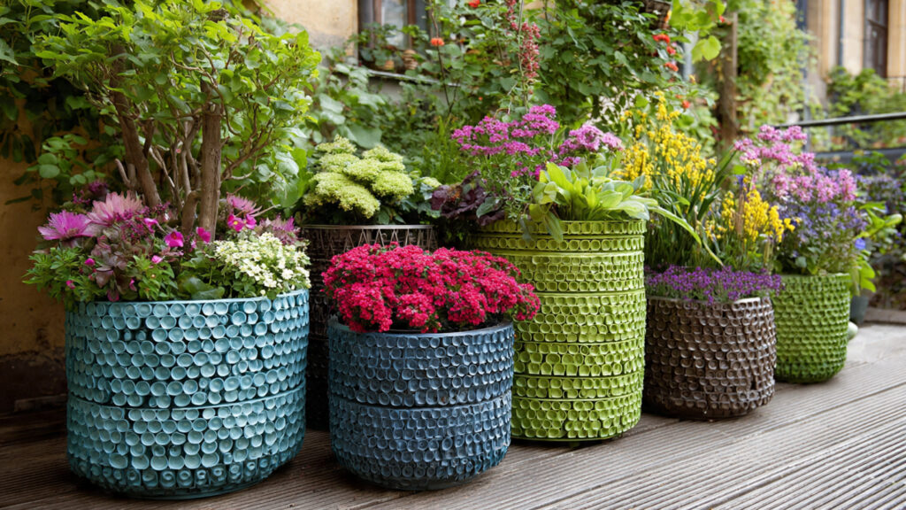 cluster of colorful plastic bottle planters