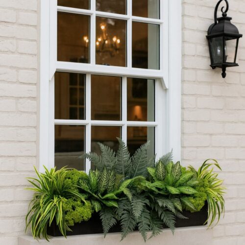 window box with ferns and ivy