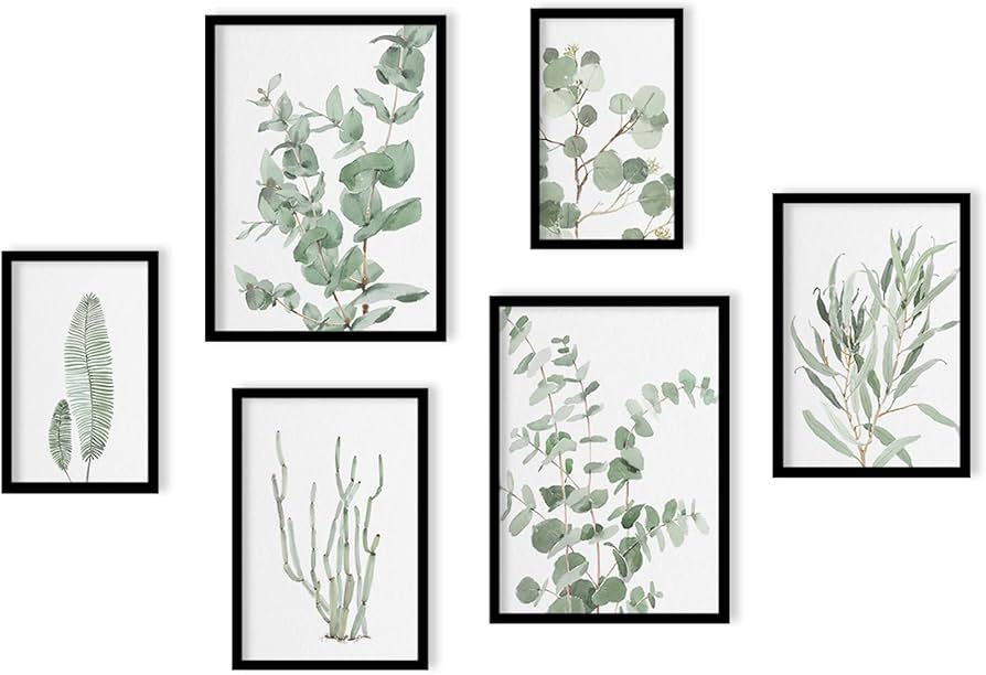 botanical prints in black frames on wall