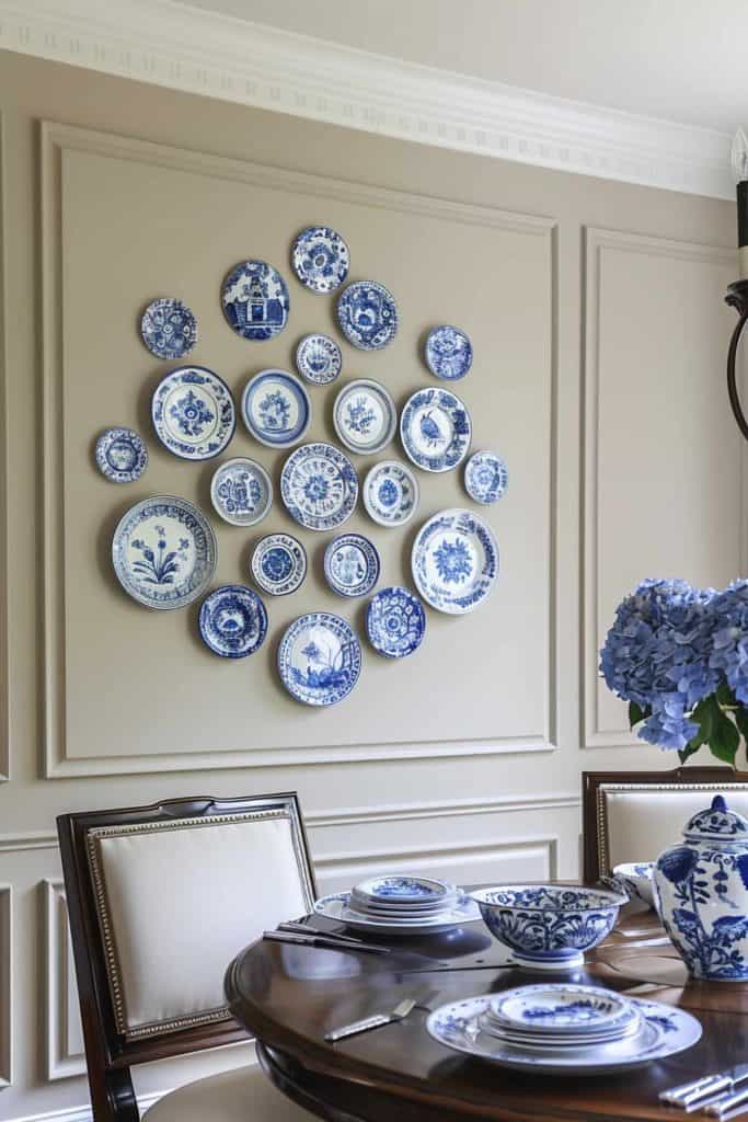 vintage decorative plates arranged on wall