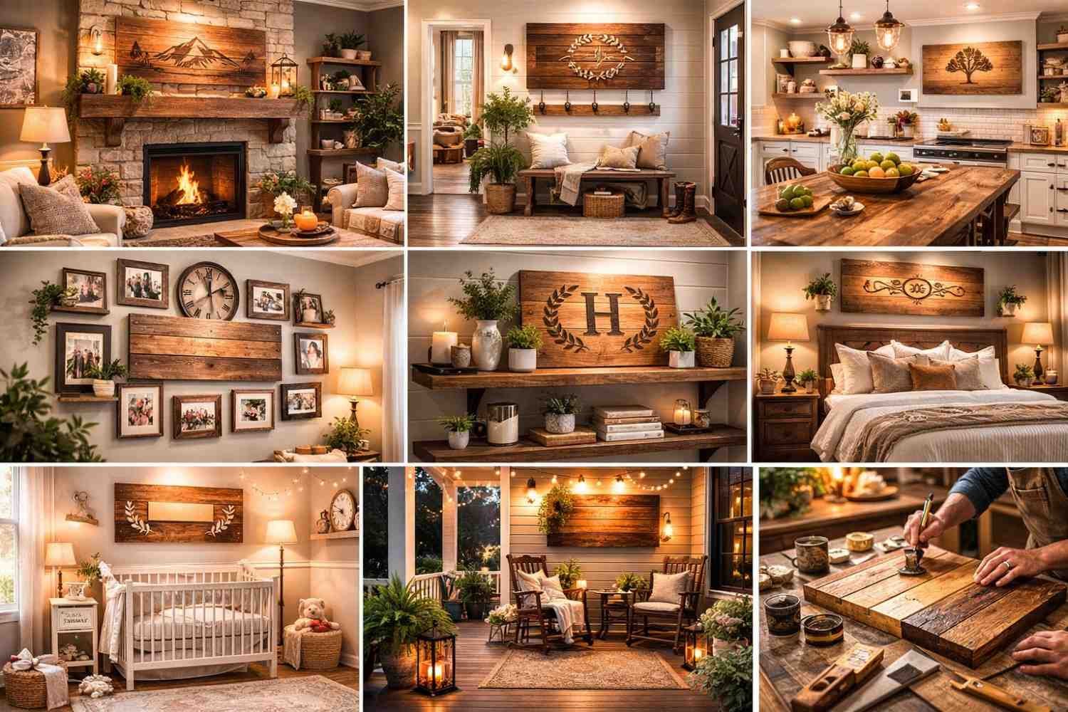 wooden quote sign above fireplace mantel wall art living room