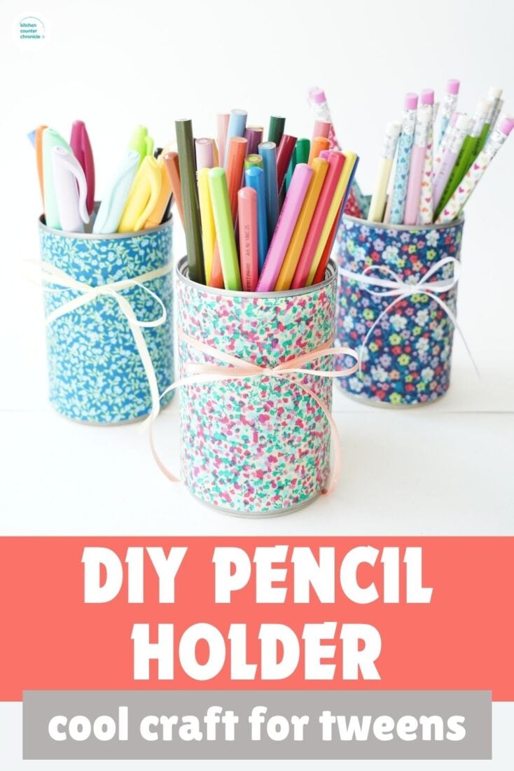 tin can pencil holder wrapped in fabric