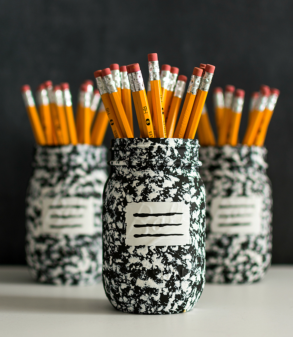 mason jar pencil holder on desk