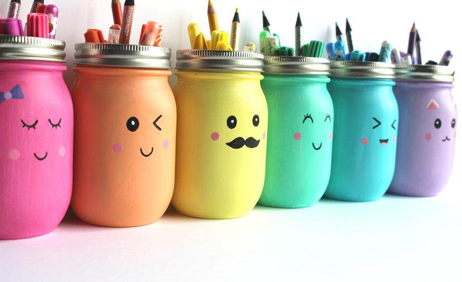 glass bottle pencil holder with labels