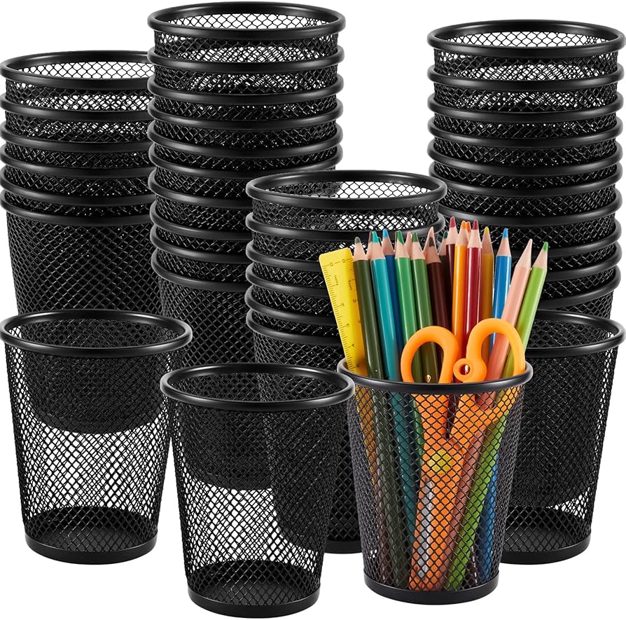wire mesh basket pencil holder on desk