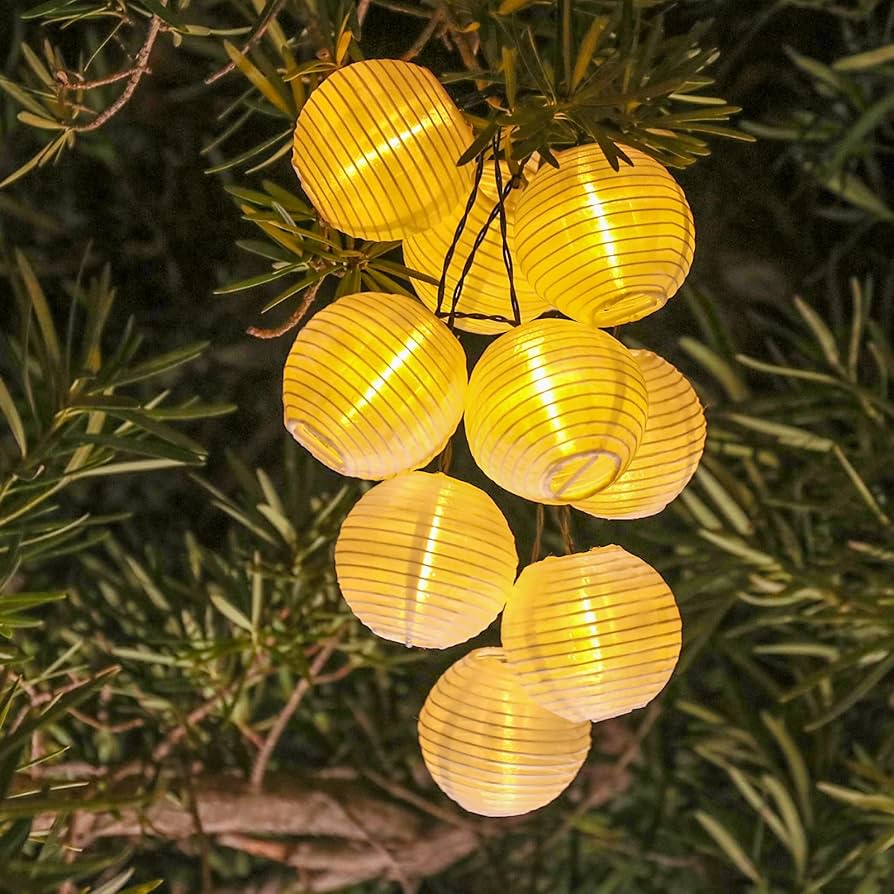 paper lantern string lights along porch