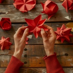 folded paper stars scattered on table