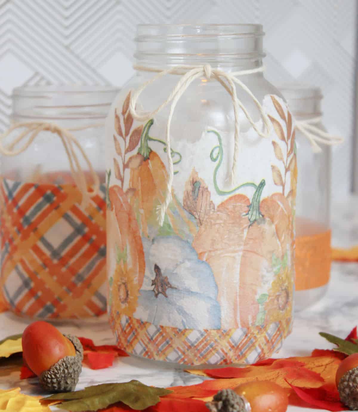 ribbon tied fall jar lantern