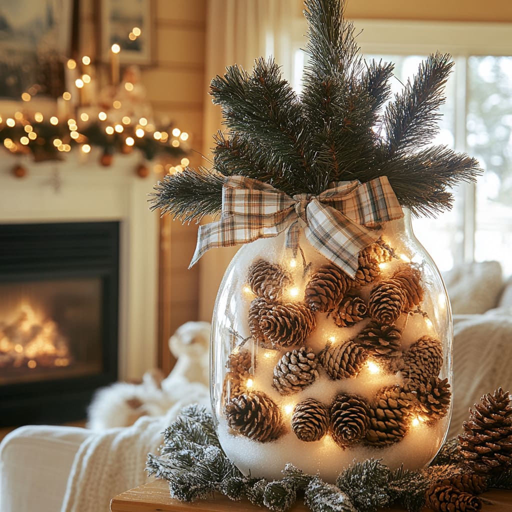 pinecone filled glass vase