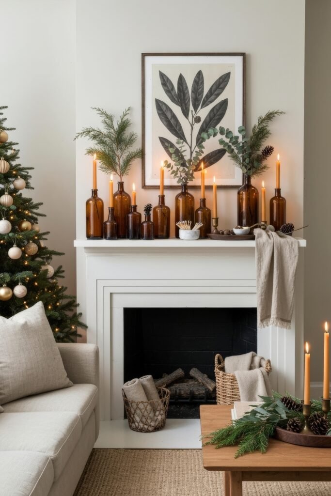 cluster of amber glass candles on mantel cozy living room fall decor