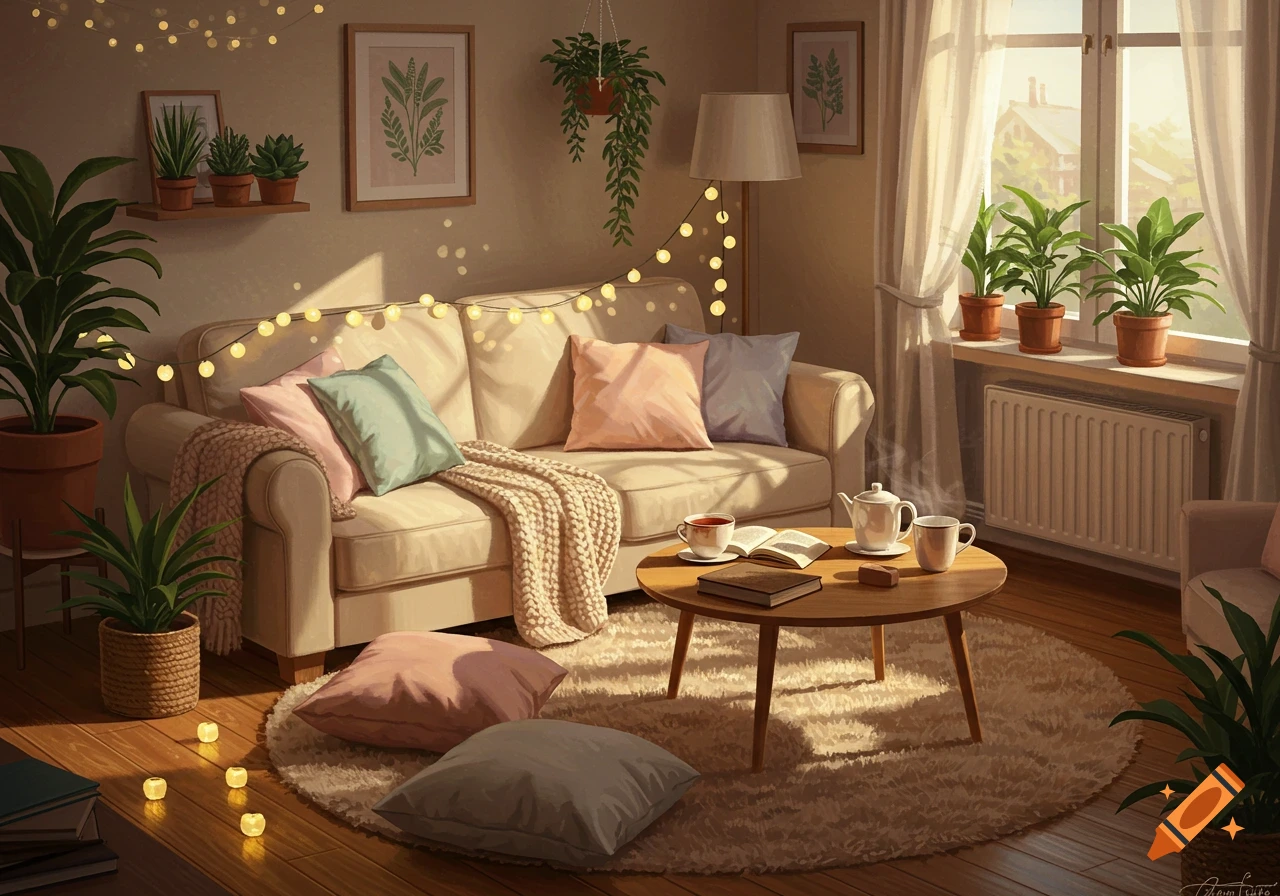 warm string lights around living room window