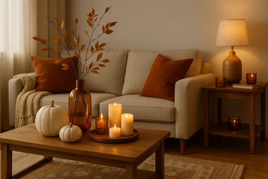 amber glass vases with dried grasses on console cozy living room fall decor