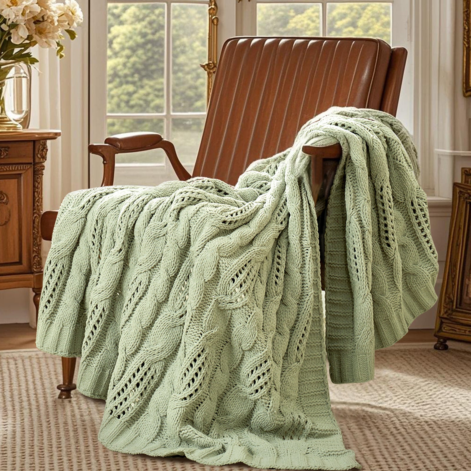 sweater throw blanket draped over armchair