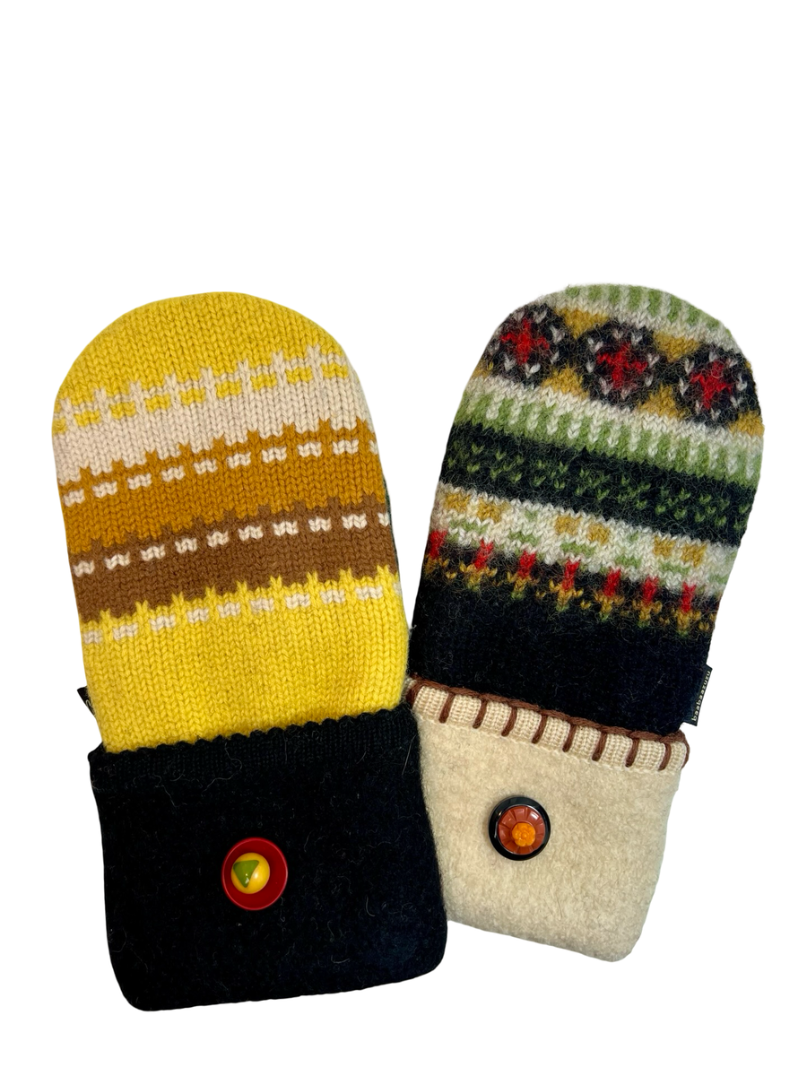 upcycled sweater mittens next to wool hat