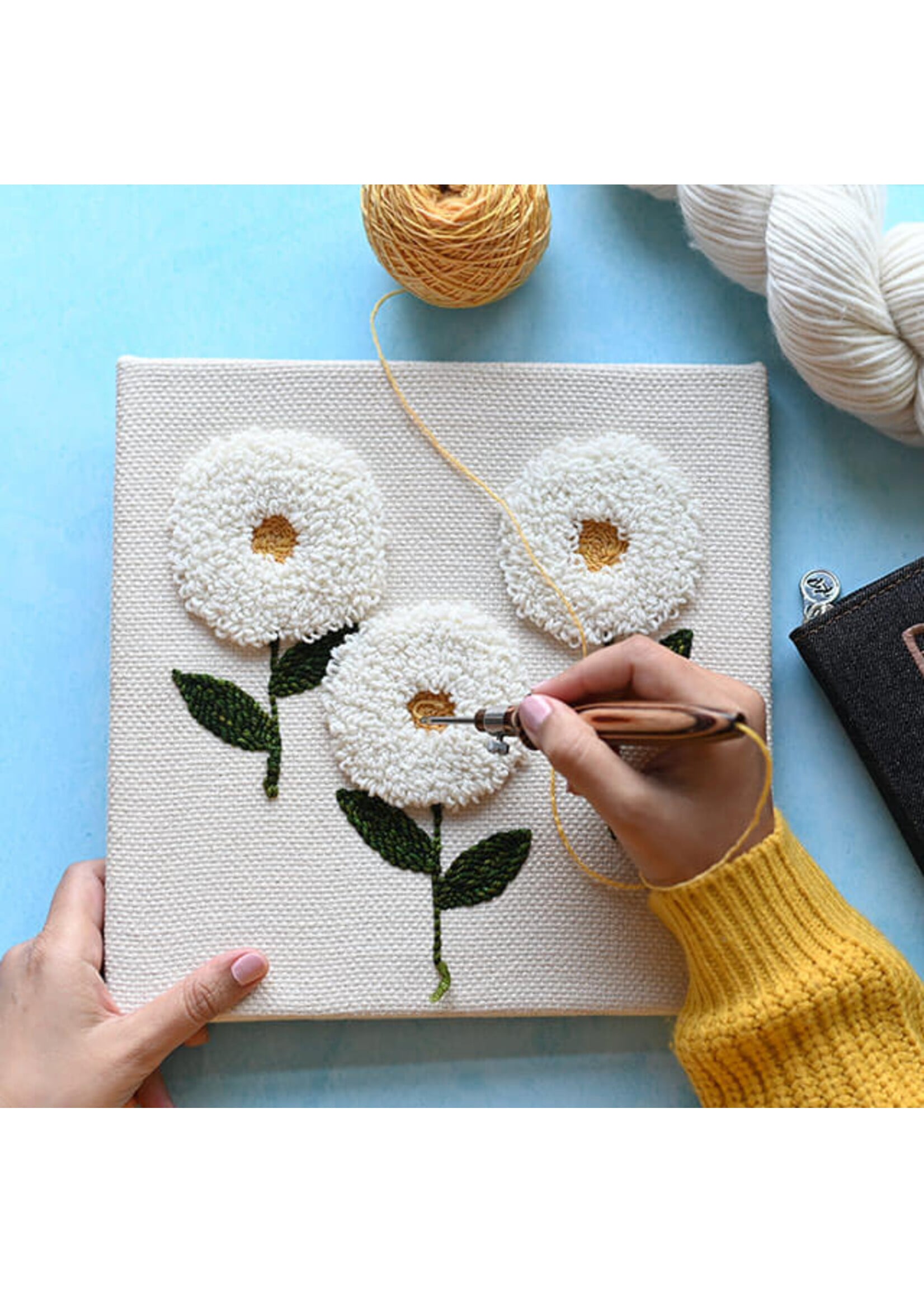 stretched sweater fabric in wooden frame