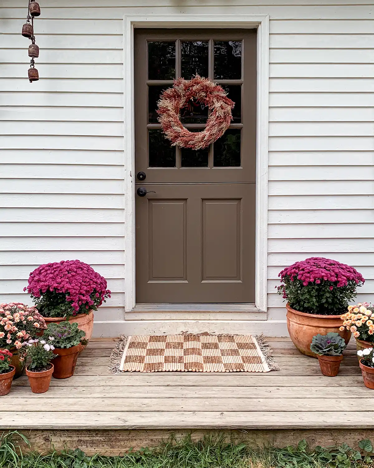 mums in terracotta pots on porch