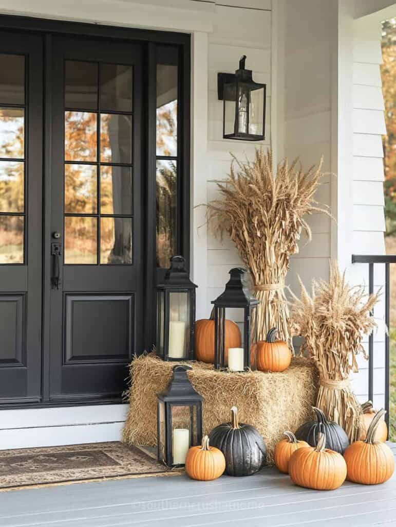hay bales with plaid blankets on porch