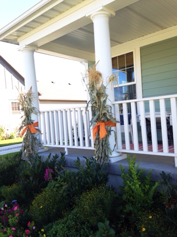 corn stalks tied with twine on porch railing