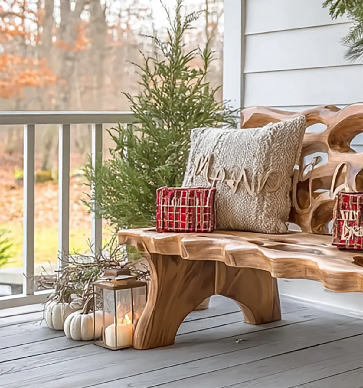 plaid pillows on wooden porch bench