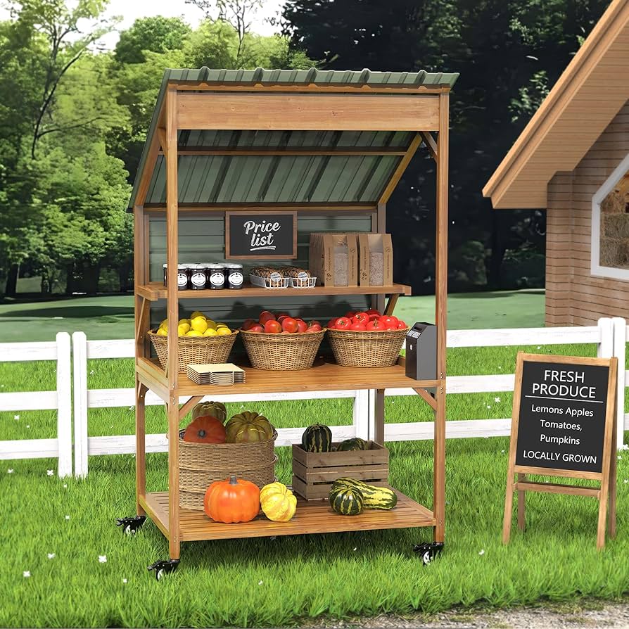 tiered wooden stand with fall decor on porch