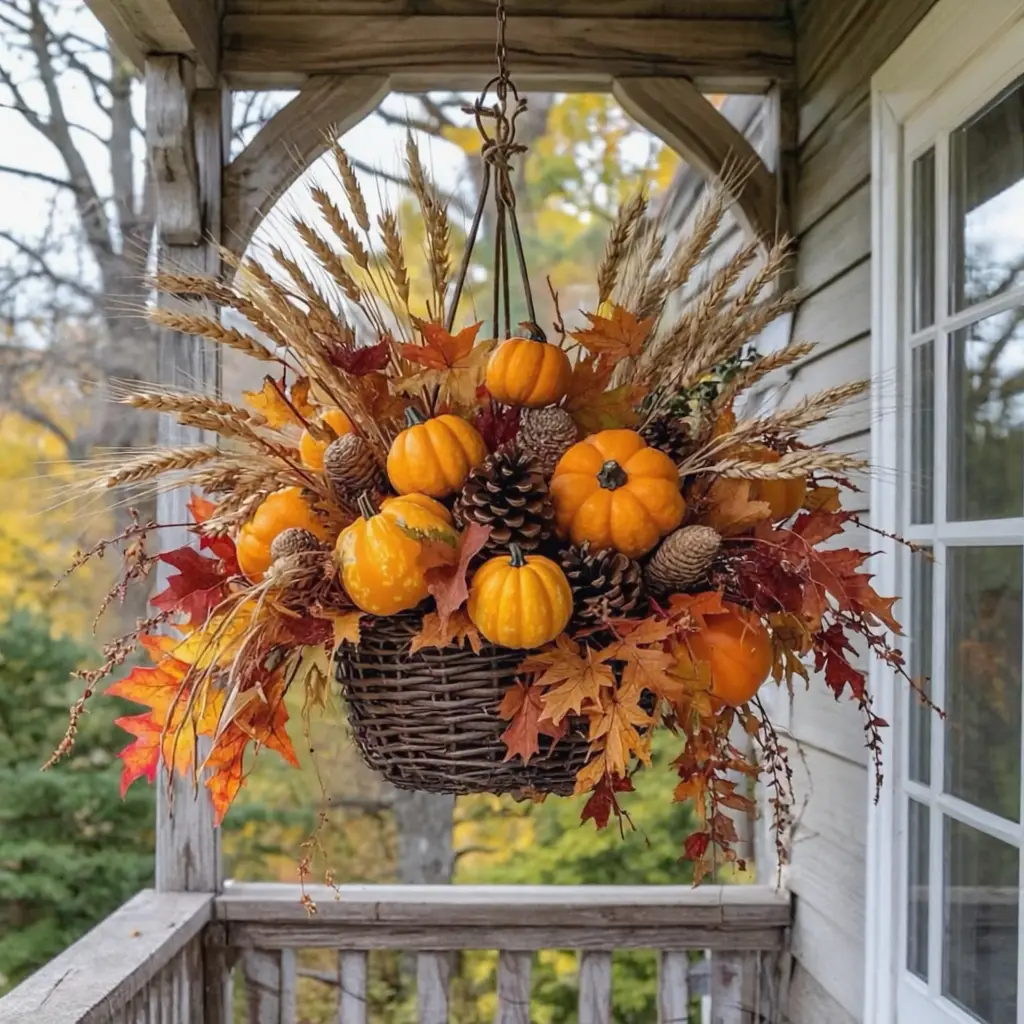 hanging basket with gourds on porch