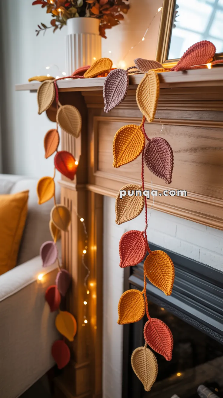 leaf garland draped on fireplace mantel