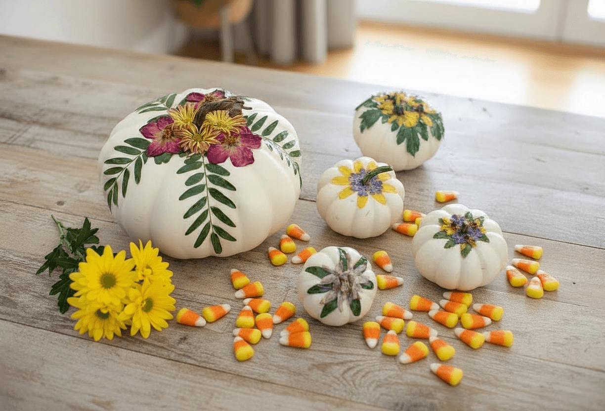 pumpkin and gourd display in garden bed