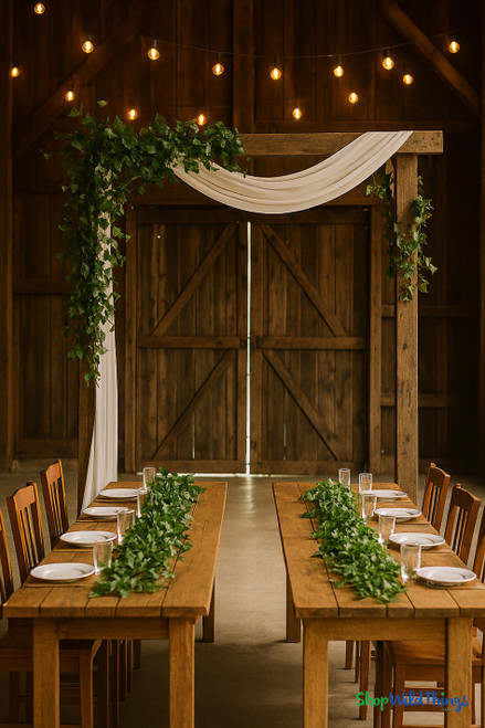 leaf garland draped on garden arbor