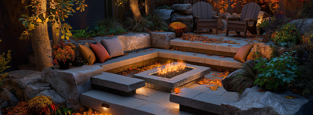 fire pit with fall seating in garden