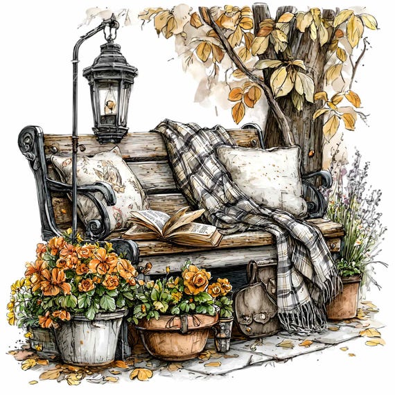 bench with fall blankets and pillows garden