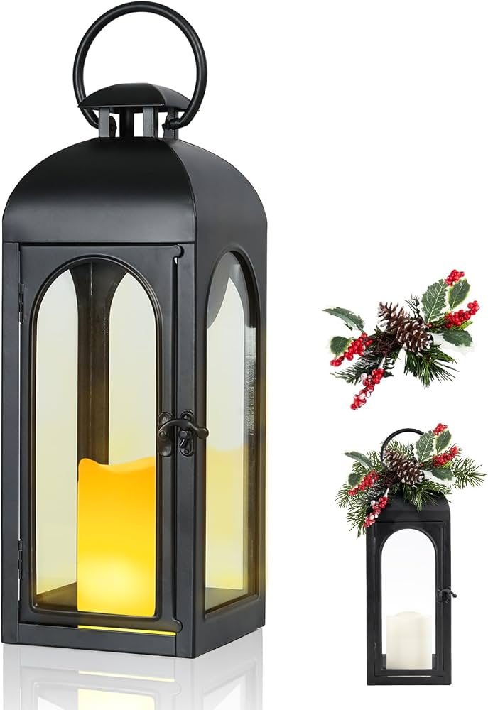 metal lantern with fall greenery centerpiece