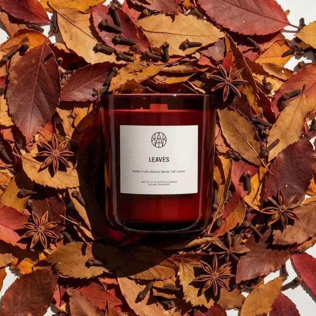 cozy fall candle in glass jar with autumn leaves