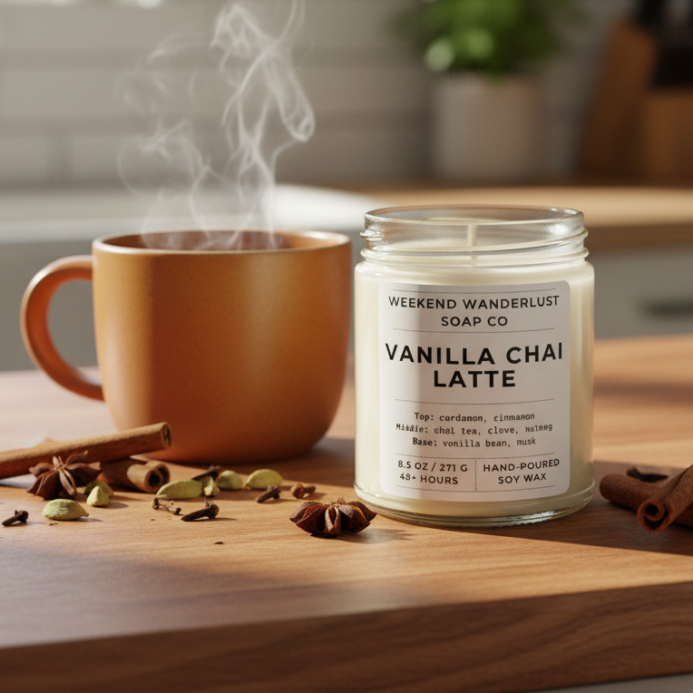 vanilla chai candle in ceramic mug