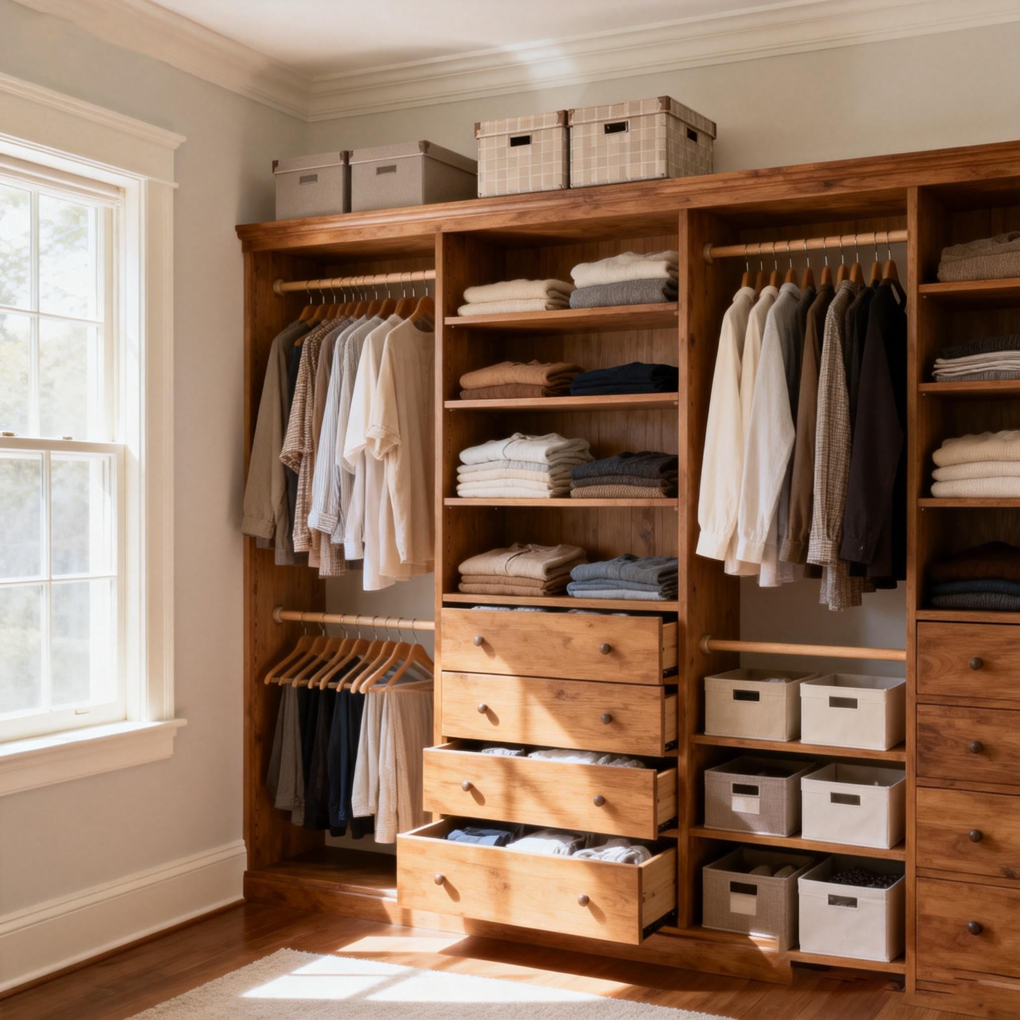 small space closet with bins and shelves
