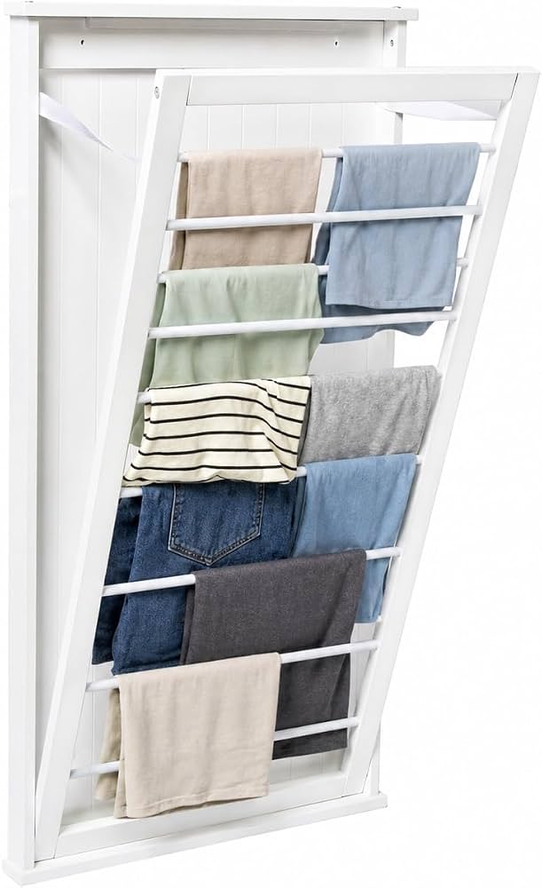 vertical wall shelves holding organized bins in small room