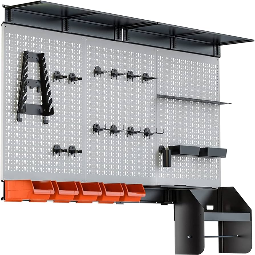 pegboard wall system with hooks and bins in small garage