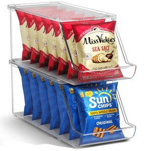 stackable clear bins labeled in small pantry